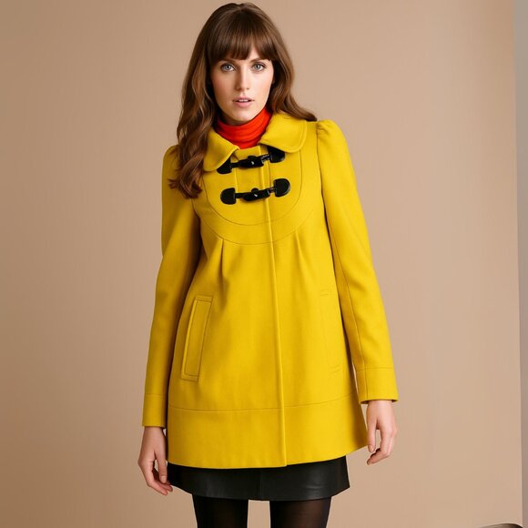 FRENCH CONNECTION Y2K Twee Puff Sleeve Mod Cashmere Wool Blend Yellow Pea Coat - Picture 2 of 11